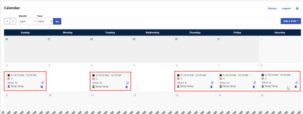 Patient Calendar of Two Week Recurrence Visits Starting on a Sunday